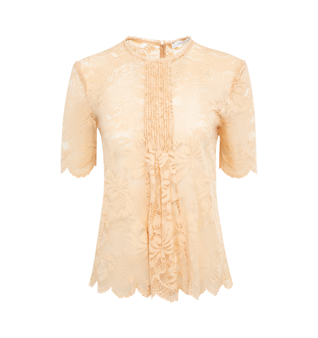 Image 1 of 2 - NEUTRAL - RABANNE Mini Lace Top featuring short-sleeves, closed collar, button fastening and slim fit. 90% polyamide, 10% elasthane. Made in Tunisia. 