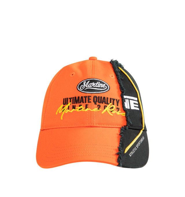Image 1 of 2 - ORANGE - MARTINE ROSE Collage Cap featuring classic six-panel construction, curved brim, logo embroidery at front, half bright orange base, all-over prints and patches, distressed fabric and adjustable back with velcro fastening. 100% cotton. Made in Italy.