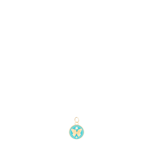Image 1 of 2 - GOLD - FOUNDRAE Reverie Petite Ceramic Medallion with Oval Pushgate featuring 18k yellow gold, aqua ceramic with a three-dimensional spade and butterfly at it's center. Medallion Measures 15mm. Medallion Diamond Weight: 0.024 ct. Hirshleifers offers a range of pieces from this collection in-store. For personal consultation and detailed information about jewelry, please contact our dedicated stylist team at personalshopping@hirshleifers.com. This item may be restricted for online purchase to i