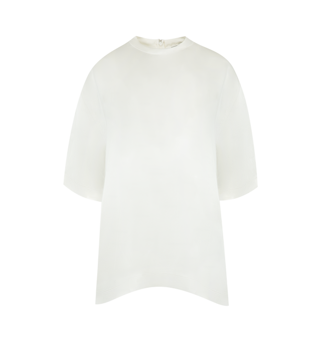 Image 1 of 2 - WHITE - TOTEME Satin Tee featuring oversized fit, crew-neck, relaxed, straight silhouette and elongated short sleeves. 100% viscose.