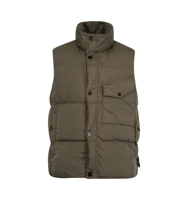 Image 1 of 3 - GREEN - STONE ISLAND Padded Vest featuring standing down-padded collar, chest pocket on left side with triangular flap and snap, standing hand pockets with hidden zipper, one inner pocket with Stone Island Compass logo embroidery and button fastening, Stone Island badge on bottom left side, drawstring at hem and two-way zipper under snap-fastened placket. 100% polyamide/nylon.