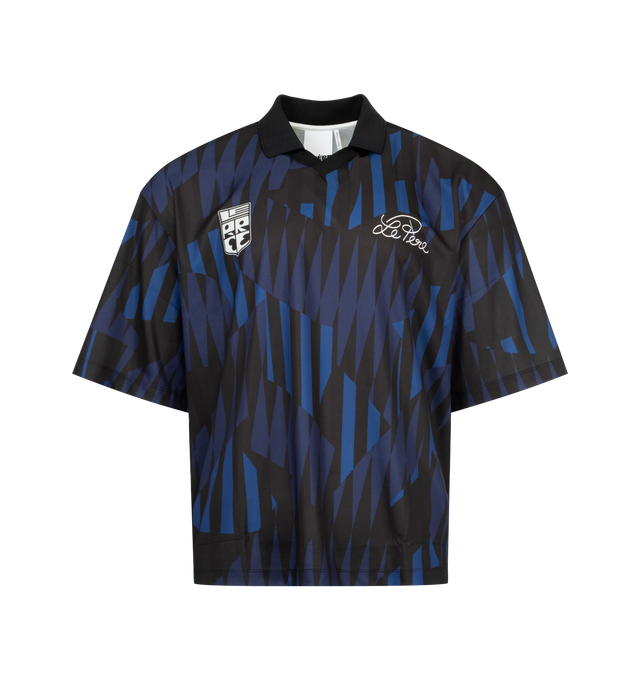 Image 1 of 2 - BLUE - LE PEREFC Amado Keeper Football Jersey featuring premium Spanish jersey fabric, a custom le PRE club crest on the front, numbers on the back, print throughout, short sleeves and collar. 100% PES. Made in Portugal.
