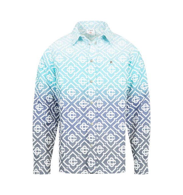 Image 1 of 2 - BLUE - CASABLANCA Monogram Gradient Jacquard Shacket featuring relaxed fit, long-sleeves, signature monogram on a gradient background, point collar, a breast pocket, button closure and branded silver-plated snap buttons. 36% cotton, 26% polyester, 24% polyamide, 13% viscose, 1% lycra. Made in Portugal.
