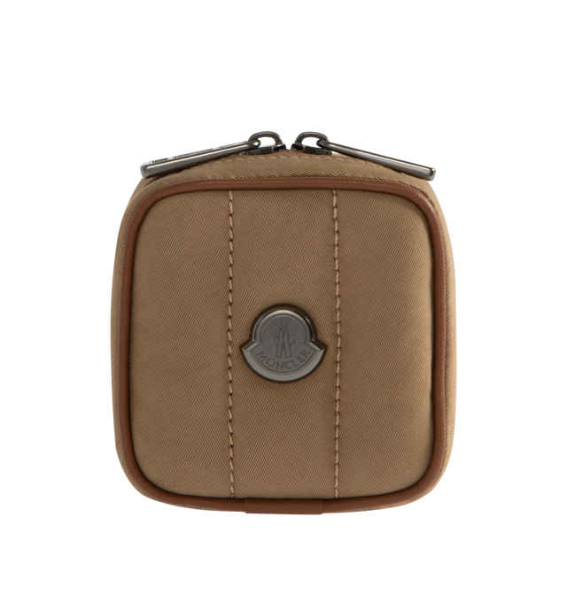 Image 1 of 3 - BROWN - MONCLER Mini Pouch featuring double zipper closire, logo on front and leather strap. Canvas/leather.