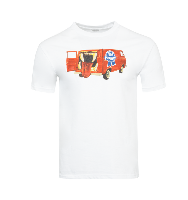 Image 1 of 2 - WHITE - PLEASURES BEER VAN T-SHIRT featuring screen print, crewneck, ribbed trims and short sleeves. 100% cotton.  