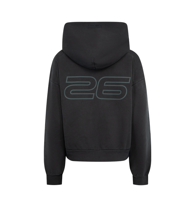 Image 2 of 2 - BLACK - FEAR OF GOD ESSENTIALS Classic Hoodie featuring pull-on styling, attached hood, front kangaroo pocket, front and back printed design, cropped fit and heavyweight knit fabric with fleece lining. 100% cotton.