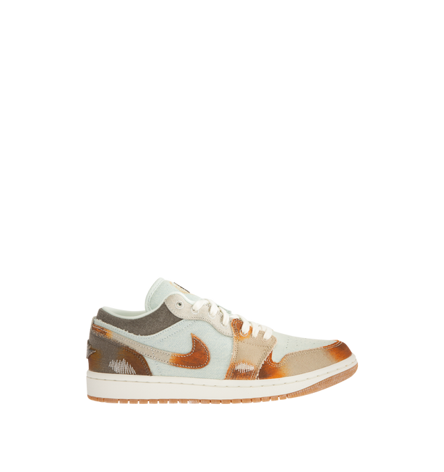 Image 1 of 5 - MULTI - JORDAN Air Jordan 1 Low SE Sneaker featuring fabric panels with frayed edges and distressed details, paint-like splatters, shimmering Wings logos on the heel, metallic Jumpman branding on the tongue, low top and gum outsole.