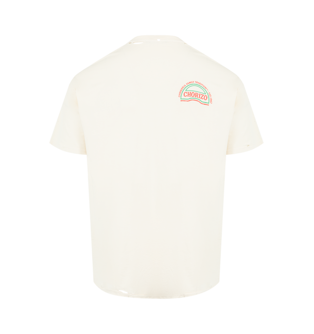 Image 2 of 2 - WHITE - WILLY CHAVARRIA Chorizo Tee featuring a relaxed, effortlessly worn fit, subtle distressed holes at the collar, sleeves, and along the lower hem, a vintage-style CHORIZO graphic at the chest, short sleeves and crewneck. 100% cotton.