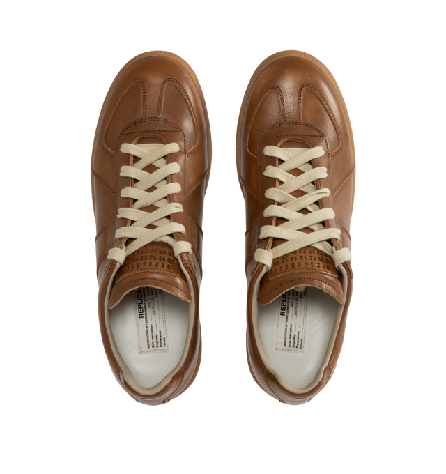 Image 5 of 5 - BROWN - MAISON MARGIELA Replica Sneaker featuring low-profile, rounded toe, lace up style, label with the "Replica" inscription on the tongue, smooth leather and rubber sole.