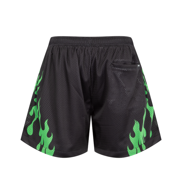 Image 2 of 3 - BLACK - MARKET Toxic Flames Mesh Shorts featuring soft, breathable mesh, color-pop flames up the sides of shorts, mid-thigh length, elastic waist with internal drawcord, side-seam pockets and back welt pocket. 100% polyester.