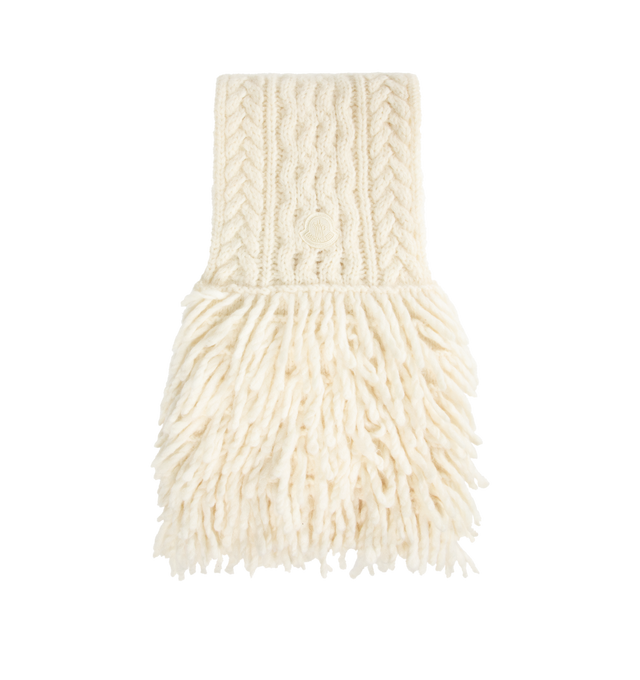 Image 1 of 2 - WHITE - MONCLER Tricot Scarf featuring an alpaca, nylon, wool and mohair blend, cable and Aran stitch, gauge 3 and logo patch. 39% alpaca, 25% polyamide/nylon, 22% wool, 14% mohair. Made in Italy.