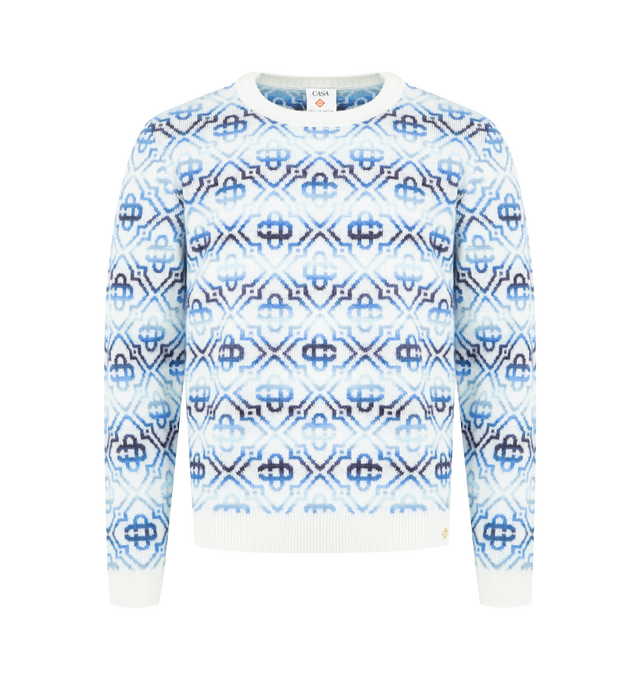 Image 1 of 3 - BLUE - CASABLANCA Monogram Knit Jumper featuring signature monogram crafted from a wool blend fabric, ribbed crew neck, cuffs, and hem and long sleeves. 98% merino wool, 1% polyamide, 1% elastane.