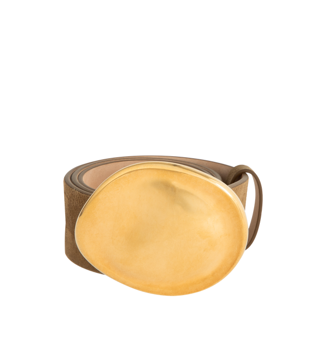 Image 1 of 2 - BROWN - KHAITE Keefe Belt featuring a sculptural domed buckle, silky calfskin suede and jewelry-grade hardware crafted in Italy of 18-karat-gold-plated brass. 100% baby calfskin. Made in Italy.