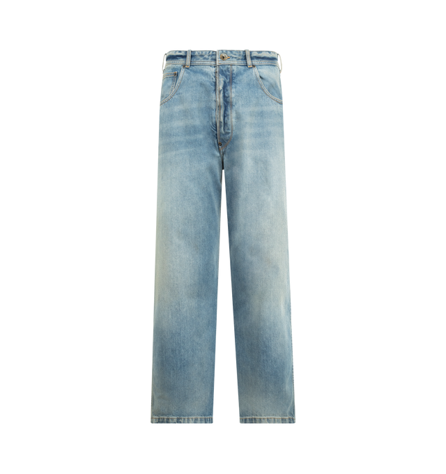 Image 1 of 3 - BLUE - MAISON MARGIELA Straight-Leg Cropped Jeans featuring full-length wide-leg fit, raw cut hems, five-pocket styling, waistband adjuster at the back, zip and button closure at the front and four stitches at the back. 100% cotton. Made in Italy.