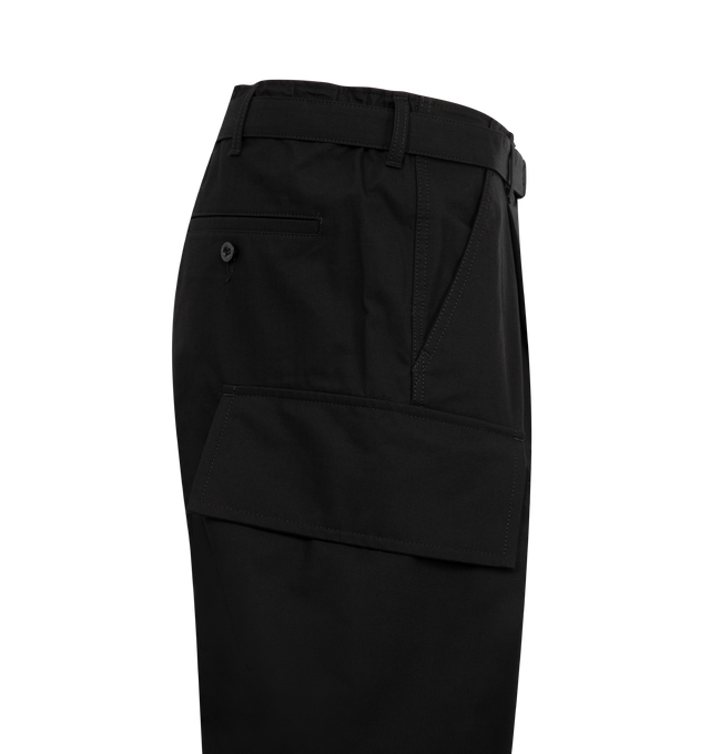 Image 3 of 3 - BLACK - SACAI Ripstop Pants featuring detachable belt, cargo pockets at legs, tapered leg, button welt rear pockets and belt loops. 53% cotton, 47% nylon. Made in Japan.