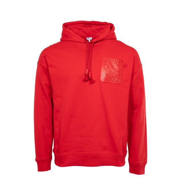 Image 1 of 3 - RED - LOEWE Relaxed Fit Hoodie featuring relaxed fit, regular length, LOEWE Anagram embossed leather patch pocket at the chest, hooded collar, drawstring with LOEWE embossed tab and ribbed cuffs and hem. 100% cotton.  