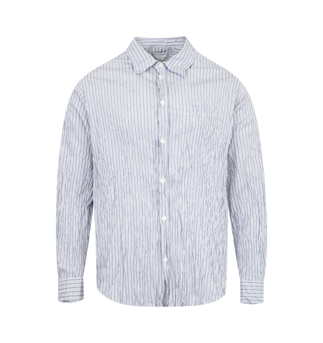 Image 1 of 2 - BLUE - BOTTEGA VENETA Crushed Cotton Striped Shirt featuring technical cotton double striped shirt, crushed effect, button closure and regular fit. 84% cotton, 16% polyester. Made in Italy.