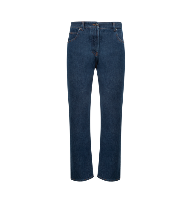 Image 1 of 3 - BLUE - THE ROW Riaco Jean featuring mid-rise jean in rinsed indigo cotton denim with slim leg, contrast topstitching and classic 5-pocket construction. 100% cotton. Made in Italy.