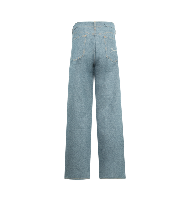 Image 2 of 3 - BLUE - JACQUEMUS Le De-Nimes Droit Straight-Leg Denim Jeans featuring button and button-fly fastening at front, straight leg, structured waistband, belt loops, classic five pockets, brand embroidered text at back and topstitch detailing. 100% cotton.