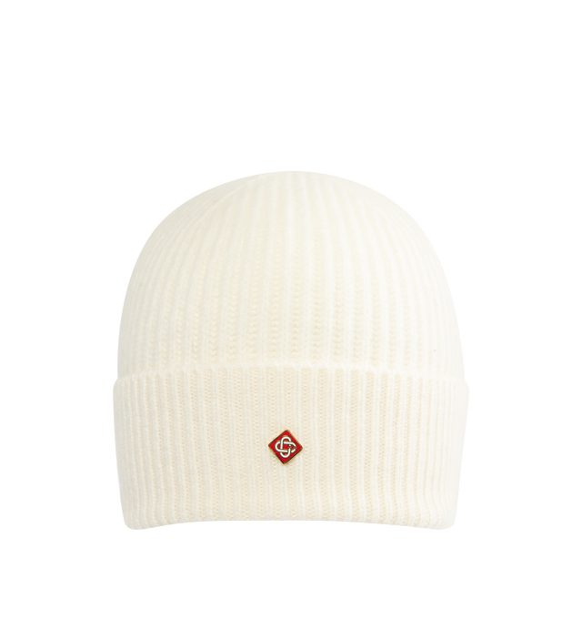 Image 1 of 2 - WHITE - CASABLANCA Half Cardigan Wool Beanie featuring ribbed construction and Casablanca logo on the front. 100% wool.