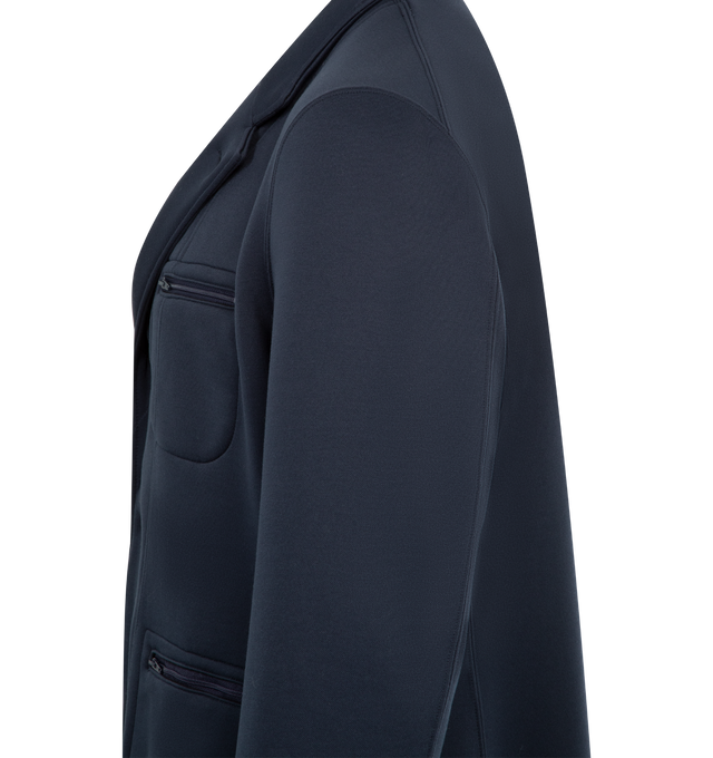 Image 3 of 3 - NAVY - ENGINEERED GARMENTS Knit Leisure Jacket featuring notched lapel, three button front closure and three zip pockets on front. 100% polyester. Made in USA.