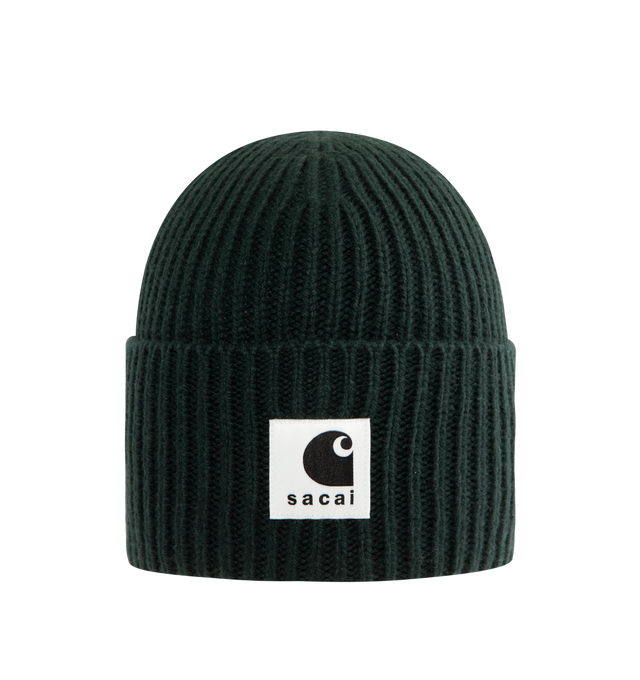 Image 1 of 2 - GREEN - SACAI X CARHARTT WIP Logo-Patch Wool-Blend Beanie featuring folded brim, brand appliqu at front and ribbed knit. 80% wool, 20% nylon.
