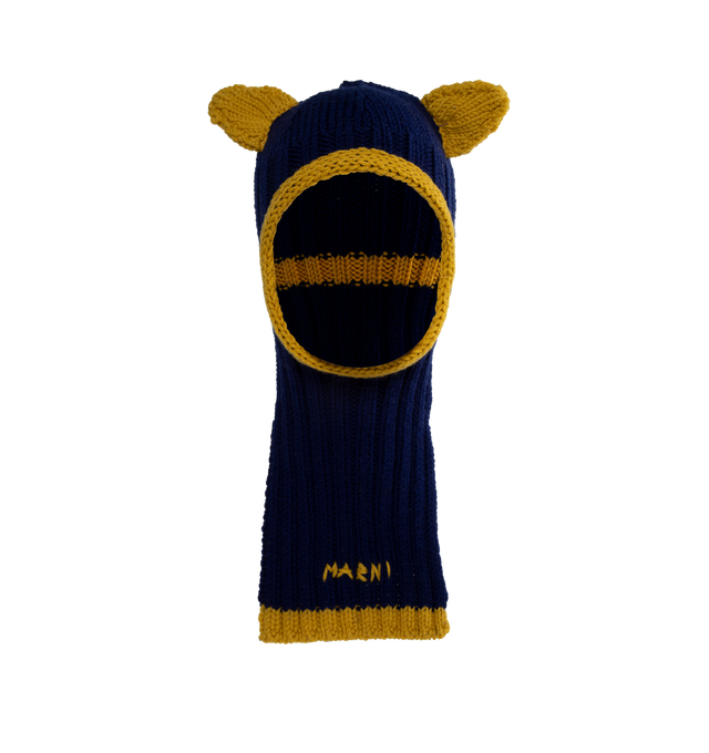 Image 1 of 2 - BLUE - MARNI WOOL BALACLAVA featuring contrast trims and ears and hand-embroidered Marni lettering on the edge. 100% virgin wool knit. 