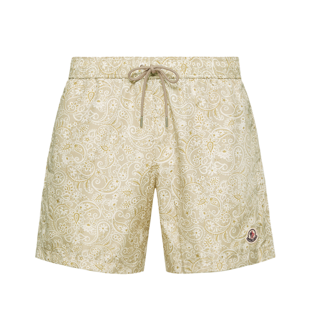 Image 1 of 2 - BROWN - MONCLER Paisley Print Swim Shorts featuring micro mesh lining, adjustable waistband, side pockets and back pocket with snap button closure. 100% polyester.