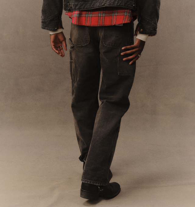 Image 6 of 6 - BLACK - Cherry LA Wide Leg Double Knee Pants are crafted from durable cotton canvas and feature a wide-leg silhouette with reinforced double-knee construction. Designed with a vintage-washed finish and distressed detailing throughout, this workwear-inspired style is finished with branded nickel hardware and a signature logo label at the back pocket. Main Material: Cotton Canvas. Fit: Wide Leg. Made in Los Angeles, California.