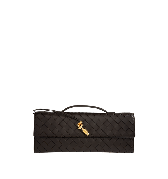 Image 1 of 4 - BLACK - BOTTEGA VENETA Andiamo Clutch featuring top handle, intrecciato leather with signature metallic knot closure, six card slots and one additional pocket. 5.1" x 12.2" x 1.2. Lambskin, calfskin. Made in Italy.