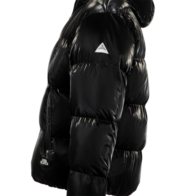 Image 3 of 3 - BLACK - Casablanca Men's Lacquered Nylon Puffer Down Jacket is crafted from lacquered polyester-polyurethane fabric and features a hooded silhouette, a two-way zip closure, and slanted twin zip pockets at the chest and hips. Designed for cold-weather layering, it is finished with a signature diamond logo zipper pull and an adjustable drawstring hem with interlocking CC logo toggles. Main Material: 57% Polyester, 43% Polyurethane. Lining: 100% Polyamide. Padding: 90% Down, 10% Feather.
