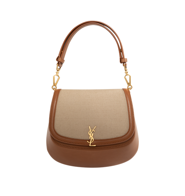 Image 1 of 3 - BROWN - SAINT LAURENT Voltaire Top Handle Bag in canvas featuring top-handle badecorated with the cassandre, an adjustable handle for hand or shoulder carry, suede lining, bronze-toned hardware, magnetic snap closure and one flat pocket. 6.9" x 8.3" x 3.1". Handle drop: 5.59.3". Calfskin, cotton, brass. Made in Italy.