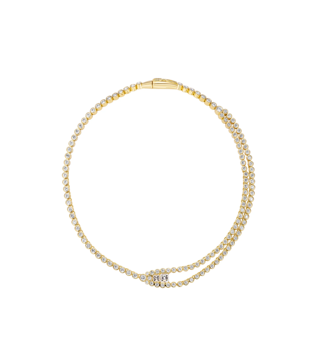 Image 1 of 3 - GOLD - UNIFORM OBJECT Tension Tennis Necklace featuring 63G of solid 18K yellow gold, 1.36 TCW asscher cut diamonds and 9.97 TCW of round diamonds. Handmade in New York City.