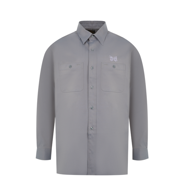 Image 1 of 2 - GREY - NEEDLES Work Shirt featuring front button closure, breast slip pockets with button detail, button cuffs and lightweight twill fabric with embroidered butterfly at chest. Made in Japan.