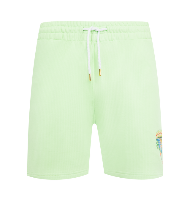 Image 1 of 3 - GREEN - CASABLANCA Innocence Triangle Sweatshort featuring elastic drawstring waist, side pockets, back welt pocket, logo on front leg and loopback jersey fabric. 100% organic cotton. Made in Portugal.