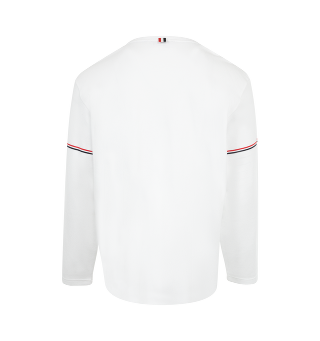 Image 2 of 2 - WHITE - Thom Browne Men's rugby fit long sleeve tee crafted from cotton interlock jersey. Featuring iconic grosgrain trim armbands and name tag applique. 100% Cotton. Made in Japan.