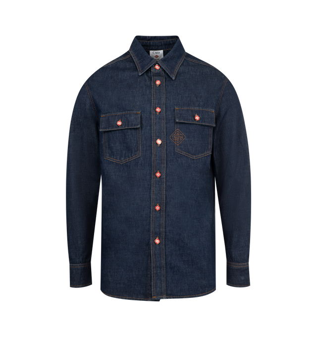 Image 1 of 2 - BLUE - CASABLANCA Monogram Long Sleeve Denim Shirt featuring breast pockets, a point collar, button closure, branded gold-plated hardware, a box pleat in the back and an embroidered CC logo. 100% cotton. Made in Portugal.