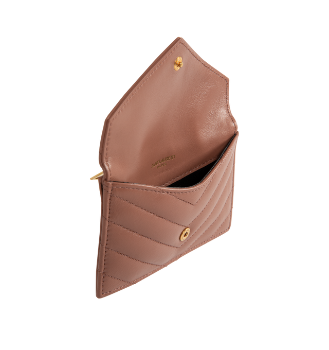 Image 3 of 3 - BROWN - Saint Laurent women's Zip card case with flap in soft nappa leather, decorated with the CASSANDRE and chevron-quilted topstitching, leather lining, gold-toned hardware, snap-button closure, one zip coin pocket and five card slots.Dimensions: 13 x 8 x 2 CM / 5.1" x 3.1" x 0.7". Calfskin leather. Made in Italy.
