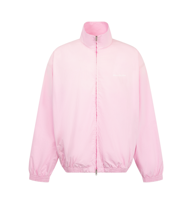 Image 1 of 3 - PINK - Acne Studios Mens Technical Jacket is crafted from cotton poplin. Features a relaxed fit, high collar, two-way zip closure, side seam zip pockets, elasticized cuffs and hem, mesh lining, and Acne Studios 1996 logo stamp artwork. Main Material: 100% Cotton; Lining: 82% Nylon, 18% Elastane. Made with organically grown cotton and recycled nylon lining. Made in Portugal.