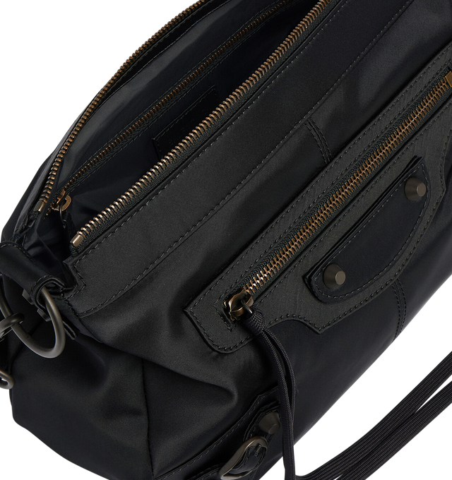 Image 5 of 5 - BLACK - BALENCIAGA Le City Moto Small Bag in black nylon, brass hardware featuring one removable shoulder strap, adjustable and removable strap, crossbody and shoulder carry, zipped closure with knotted nylon puller, front zipped pocket with knotted nylon puller, 1 main compartment, 1 inner zipped pocket and cotton canvas lining. 11" x 7.1" x 4.3". Polyamide, polyester. Made in Italy.