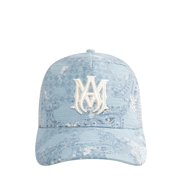 Image 1 of 3 - BLUE - AMIRI Trucker Hat in distressed bandana denim featuring a raised embroidered MA logo on the front, top button, embroidered eyelets, curved stitched brim, mesh back panel, adjustable back strap and leather logo patch. Cotton/polyester. Made in USA.