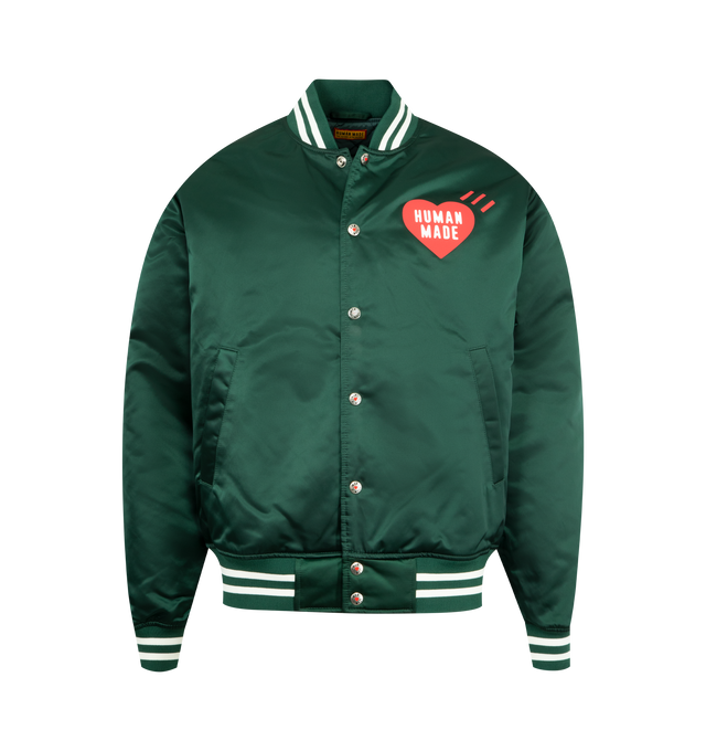 Image 1 of 3 - GREEN - HUMAN MADE Nylon Stadium Jacket featuring quilted polyester lining, ribbed collar, logo snap buttons, 2 front pockets and branding throughout. 100% nylon.