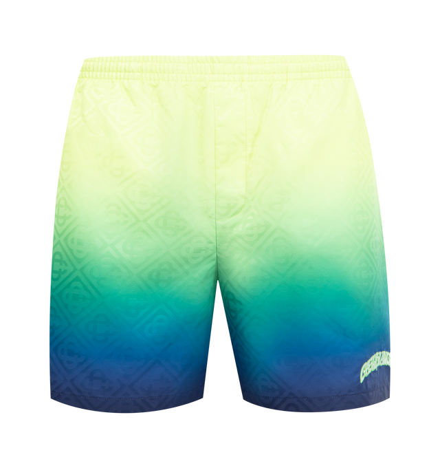 Image 1 of 3 - MULTI - CASABLANCA Gradient Monogram Swim Shorts featuring gradient detailing, an elasticised waistband, drawstring fastening, in-seam side pockets and the house's signature monogram pattern. Technical swim fabric. 100% polyester. Lining: 80% polyester 20% elastane. Made in Portugal.
