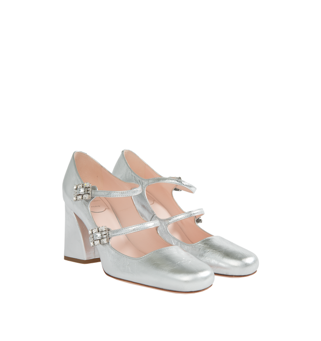 Image 2 of 4 - SILVER - ROGER VIVIER Mini Trs Vivier Strass Buckle Babies Pumps featuring crinkled effect metallic finishing, rounded toe, double front strap and mini crystal buckles. Heel 3.3in. Leather upper. Leather insole and outsole. Made in Italy. 