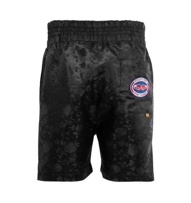 Image 2 of 3 - BLACK - GALLERY DEPT. Jacquard Boxing Short featuring satin exterior with mesh lining shorts, elasticized waistband, front slip pockets, back pocket detail and logo patches. 100% polyester. Made in USA.