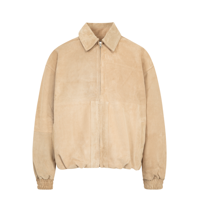 Image 1 of 3 - BROWN - NAHMIAS Suede Cocoon Jacket featuring elastic hem and sleeves, zip closure, classic collar and welt side pockets. 100% leather.