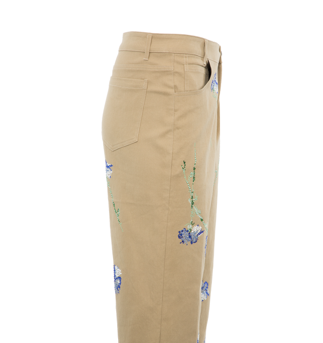 Image 3 of 5 - BROWN - LIBERTINE Cecil Beaton Blue Carnation Crystal Pant featuring crystal-embellished blue carnations, cropped fit, mid rise sits high on hip, wide legs, five-pocket style, button zip fly and belt loops. Cotton/elastane. Made in USA. 