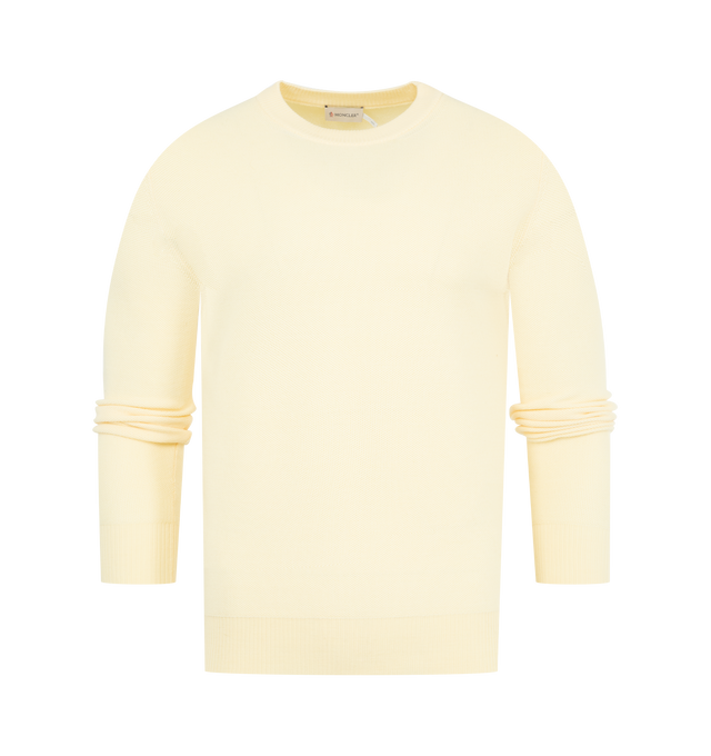 Image 1 of 3 - NEUTRAL - MONCLER Leather Logo Wool Sweater featuring micro-stitch, Gauge 14, crew neck and leather logo patch. 100% virgin wool.