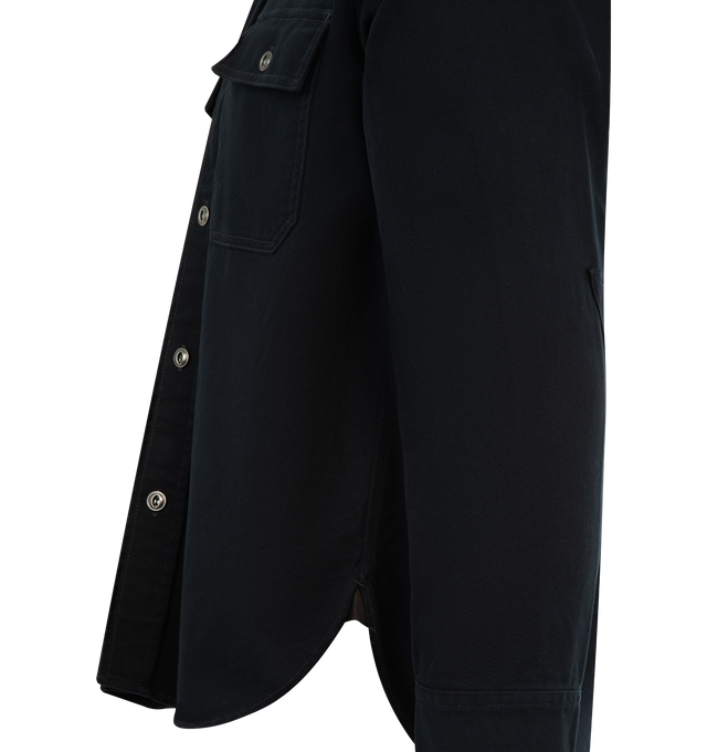 Image 3 of 3 - NAVY - HUMAN MADE Work Shirt featuring a regular fit, thick, double-sided brushed cotton twill, buckle with a duck graphic, two flap pockets on the front, Heart logo patch above the left chest pocket, chain-stitched brand logo above the right chest pocket, metal buttons provide a design accent and single-color elbow patches. 100% cotton.