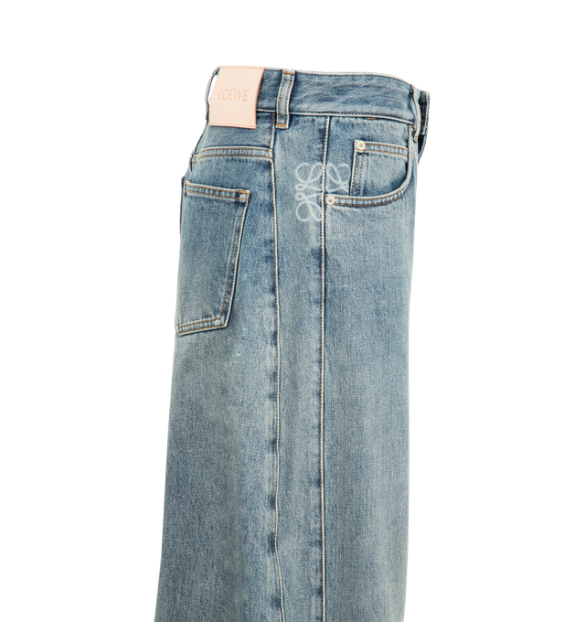 Image 3 of 3 - BLUE - Loewe Women's Anagram barrel jeans in medium-weight washed cotton denim featuring a balloon silhouette with darts at the knees and a bleached Anagram placed at the hip. Regular fit, regular length, mid waist, loose leg with concealed zip fastening, five pocket style and LOEWE embossed suede patch placed at the back. Cotton. Made in Italy.